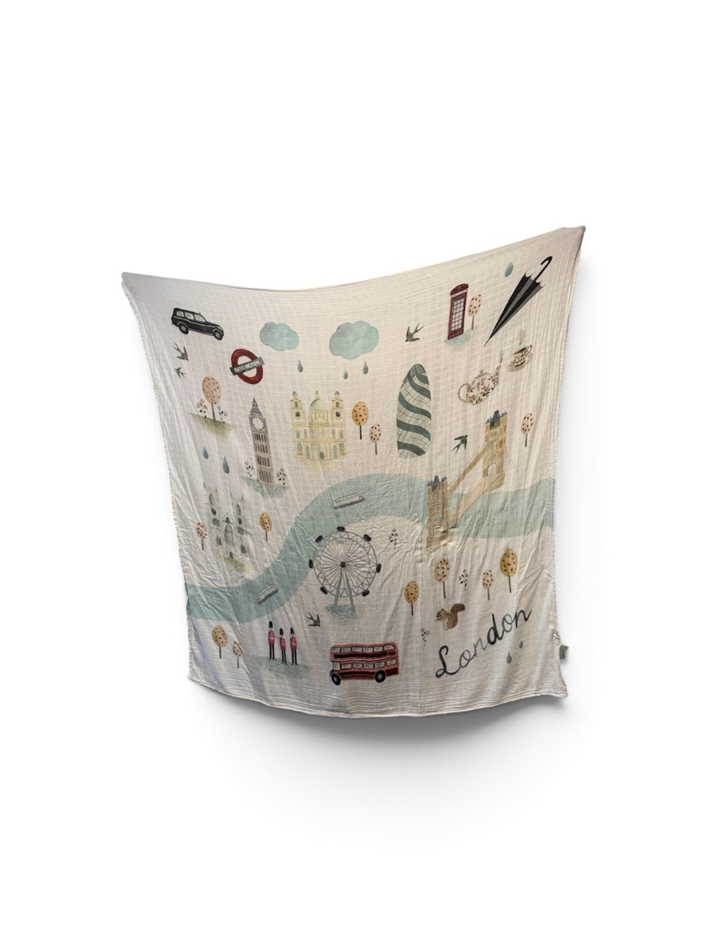 London-Themed Cotton Throw Blanket in Cream and Blue